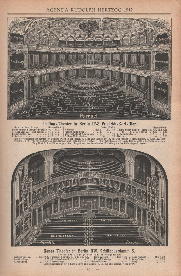 Schwarz-weiß-Illustration einer großen Berliner Auditorium von 1912, begleitet von Text zur Beschreibung seines Layouts.