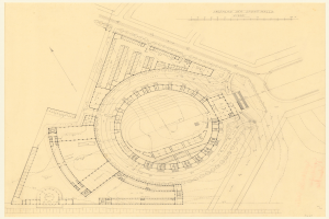 Schwarz-weißes Architekturzeichnung eines Stadiongrundrisses mit umliegenden Gebäuden und handschriftlichen Textanmerkungen.