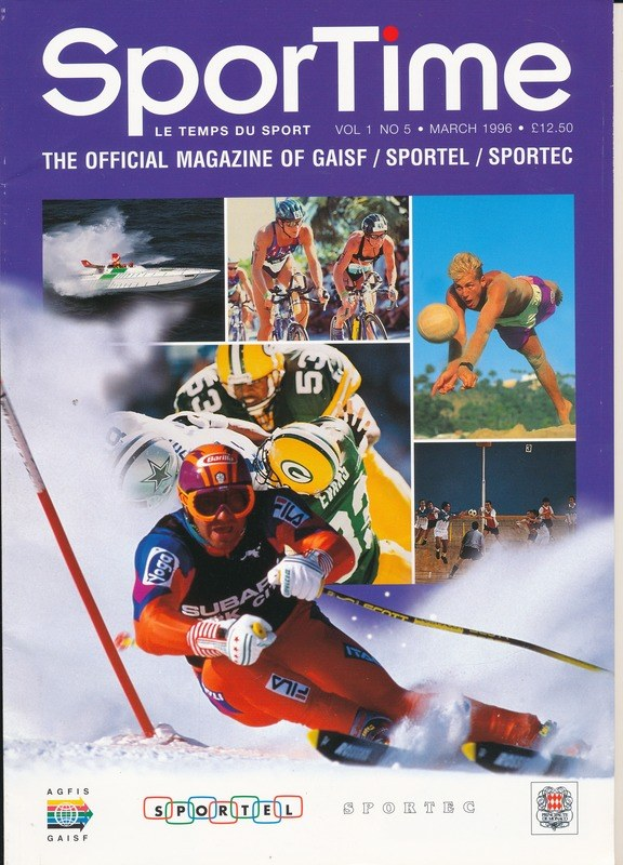 Ein Magazincover mit der Aufschrift "Sporttime Magazine - März 1996" mit Bildern von Skifahrern und Snowboardern, Text und Logos.