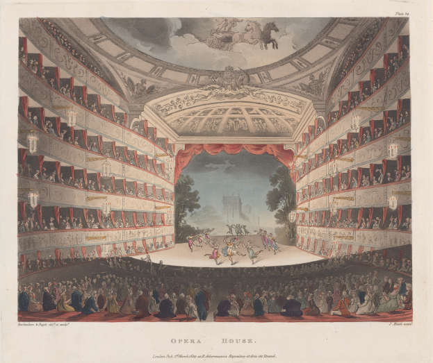 Eine Gravur des Opernhaus-Auditoriums in London, die Menschen auf der Bühne sitzend und im Hintergrund stehende zeigt, mit detaillierten Deckenentwürfen und entfernten Bäumen und Gebäuden und Text unten.