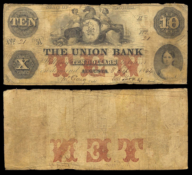 Alte Zehn-Dollar-Note der Union Bank aus dem Jahr 1862 mit einem Porträt einer Frau auf einem schwarzen Hintergrund.