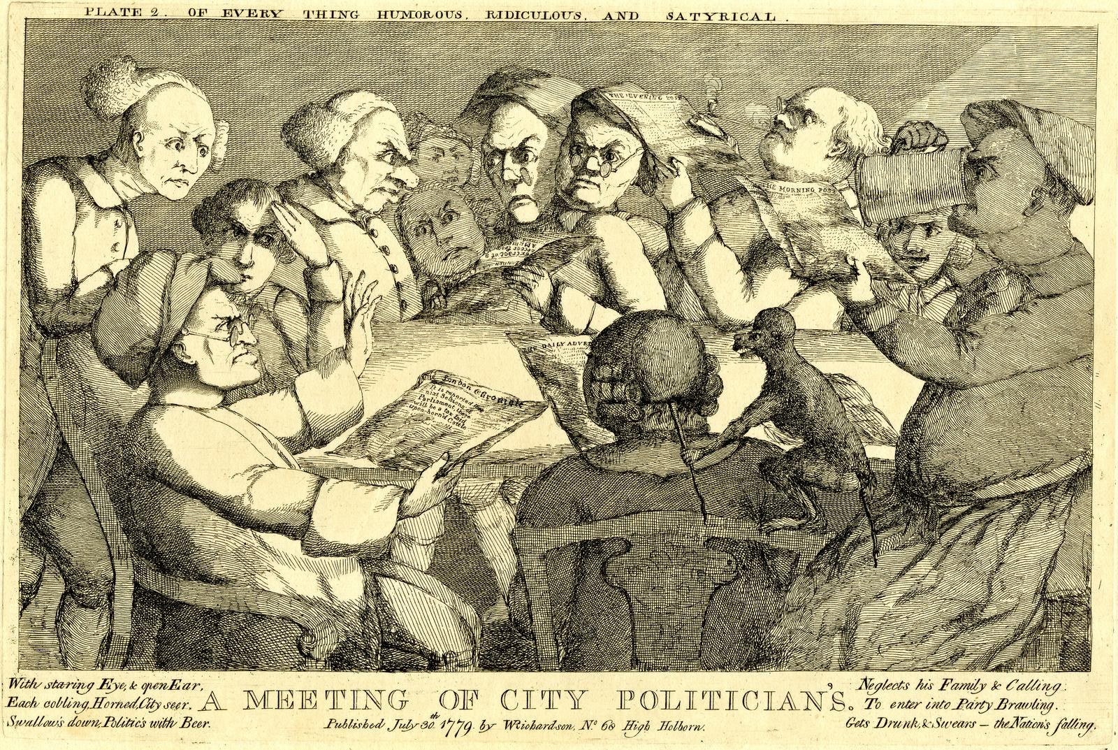 Eine Gruppe von Menschen sitzt um einen Tisch, wobei eine Person ein Buch hält, während andere in ein Gespräch vertieft sind, beschriftet mit "Eine Sitzung städtischer Politiker" unten.