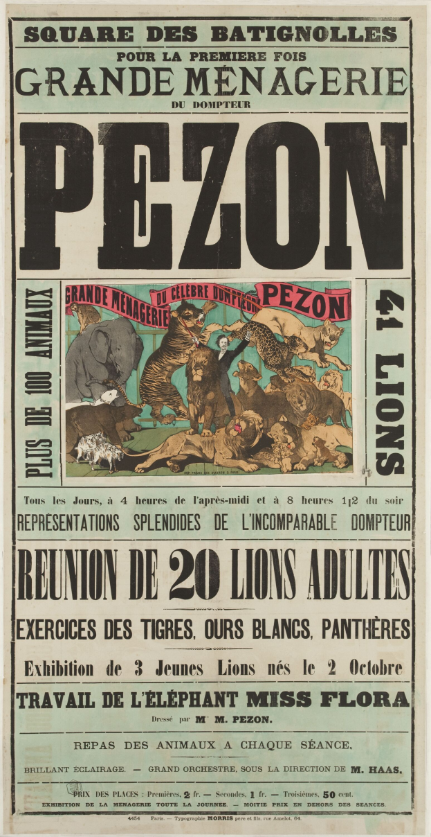 Ein nostalgisches Zirkusposter mit einem Löwen, einer Giraffe, einem Zebra und einem Flusspferd.