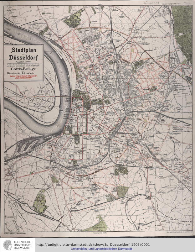 Ein detailliertes altes Stadtplan von Düsseldorf, Deutschland, der Straßen, Gebäude und Sehenswürdigkeiten zeigt, mit Text, der zusätzliche Stadtinformationen bereitstellt.