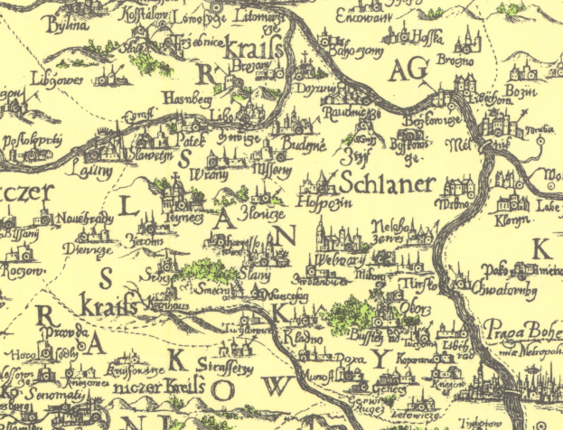 Eine detaillierte Karte von Schlaner, Deutschland, die Straßen, Gebäude, Sehenswürdigkeiten und Illustrationen von Bäumen und Gebäuden zeigt.