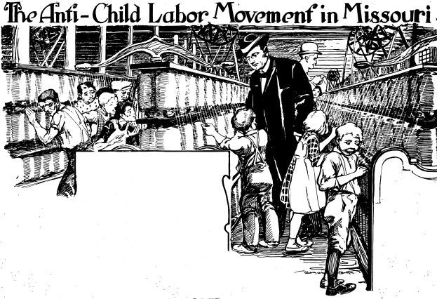 Ein Plakat, das die Anti-Kinderarbeit-Bewegung in Missouri zeigt, mit einer Gruppe von Menschen in traditioneller Kleidung, einige stehen, einige sitzen, mit ängstlichen und verzweifelten Gesichtern, und Text oben und unten mit der Aufschrift "Die Anti-Kinderarbeit-Bewegung in Missouri."