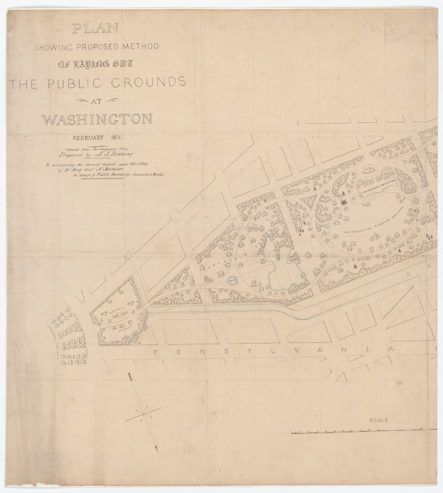 Ein detaillierter Plan der öffentlichen Flächen in Washington, auf dem verschiedene Flächen und Wege mit Text beschriftet sind.