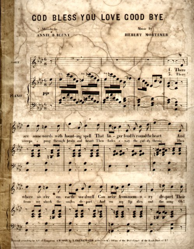 Ein altes Notenblatt mit der Überschrift "God Bless You Love Good Bye" und musikalischen Noten und Symbolen, die die Melodie und den Rhythmus des Liedes angeben.