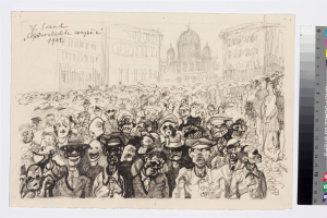 Schwarze und weiße Zeichnung einer Protestaktion mit Menschen, die schreien und gestikulieren, vor einem hohen Gebäude, begleitet von Text und Farbskalen auf der rechten Seite.