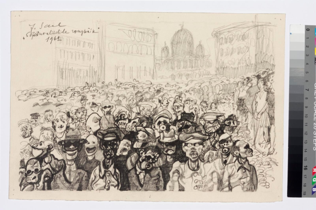 Schwarze und weiße Zeichnung einer Protestaktion mit Menschen, die schreien und gestikulieren, vor einem hohen Gebäude, begleitet von Text und Farbskalen auf der rechten Seite.