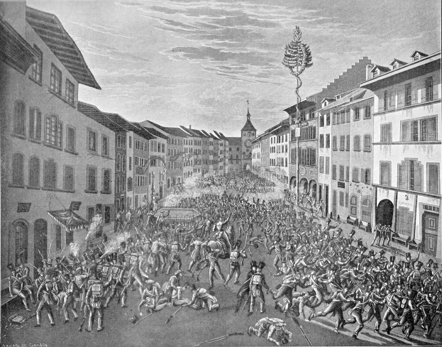 Eine Schwarz-Weiß-Zeichnung einer vollen Stadtstraße mit Gebäuden auf beiden Seiten und einem Himmel im Hintergrund, mit dem Text "Die Schlacht von Stuttgart" unten.