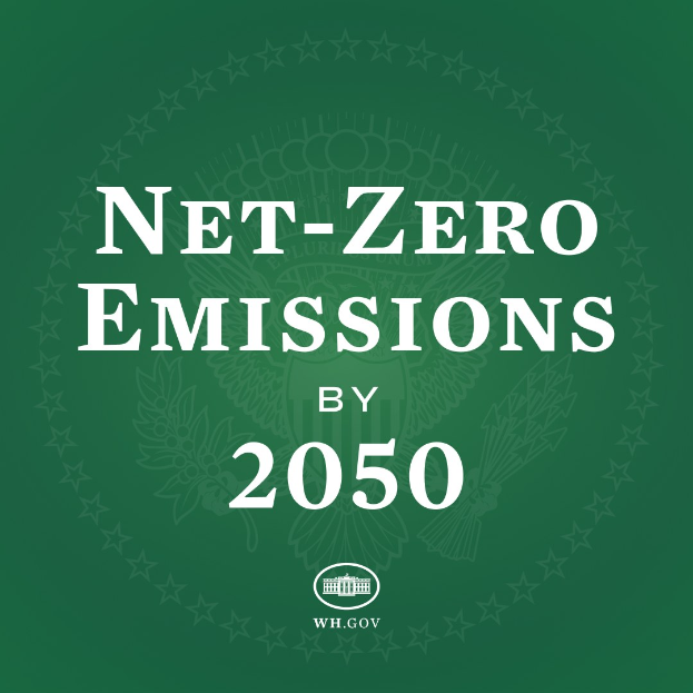 Weißer, fetter Text auf einem grünen Hintergrund, der "netto-null-Emissionen bis 2050" liest.