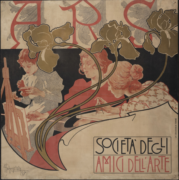 Ein Plakat, das die Gesellschaft der Kunst von Alphonse Mucha ankündigt, zeigt eine farbenfrohe Illustration von drei einzigartig gestalteten Menschen auf einem hellgelben Hintergrund mit der schwarzen Schrift 'Gesellschaft der Kunst'.