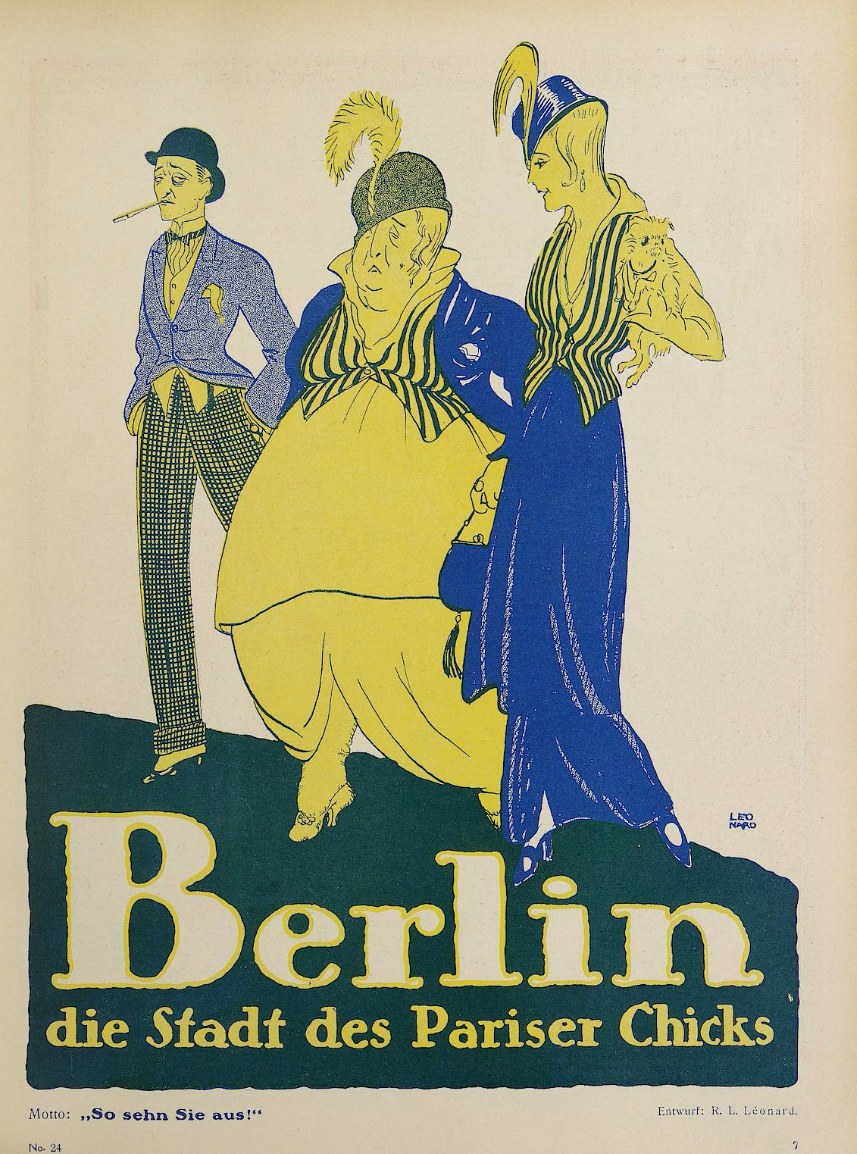Plakat für ein Berliner Konzert namens "Berlin - Die Stadt des Pariser Chicks" mit einer Gruppe farbenfroher Menschen vor einem Gebäude.