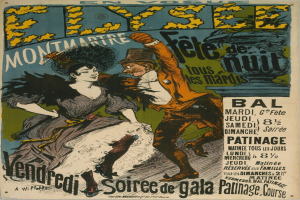 Ein Plakat, das ein Ballveranstaltung in Paris, Frankreich, ankündigt, mit einem Mann und einer Frau, die tanzen, und Text, der das Ereignis beschreibt.