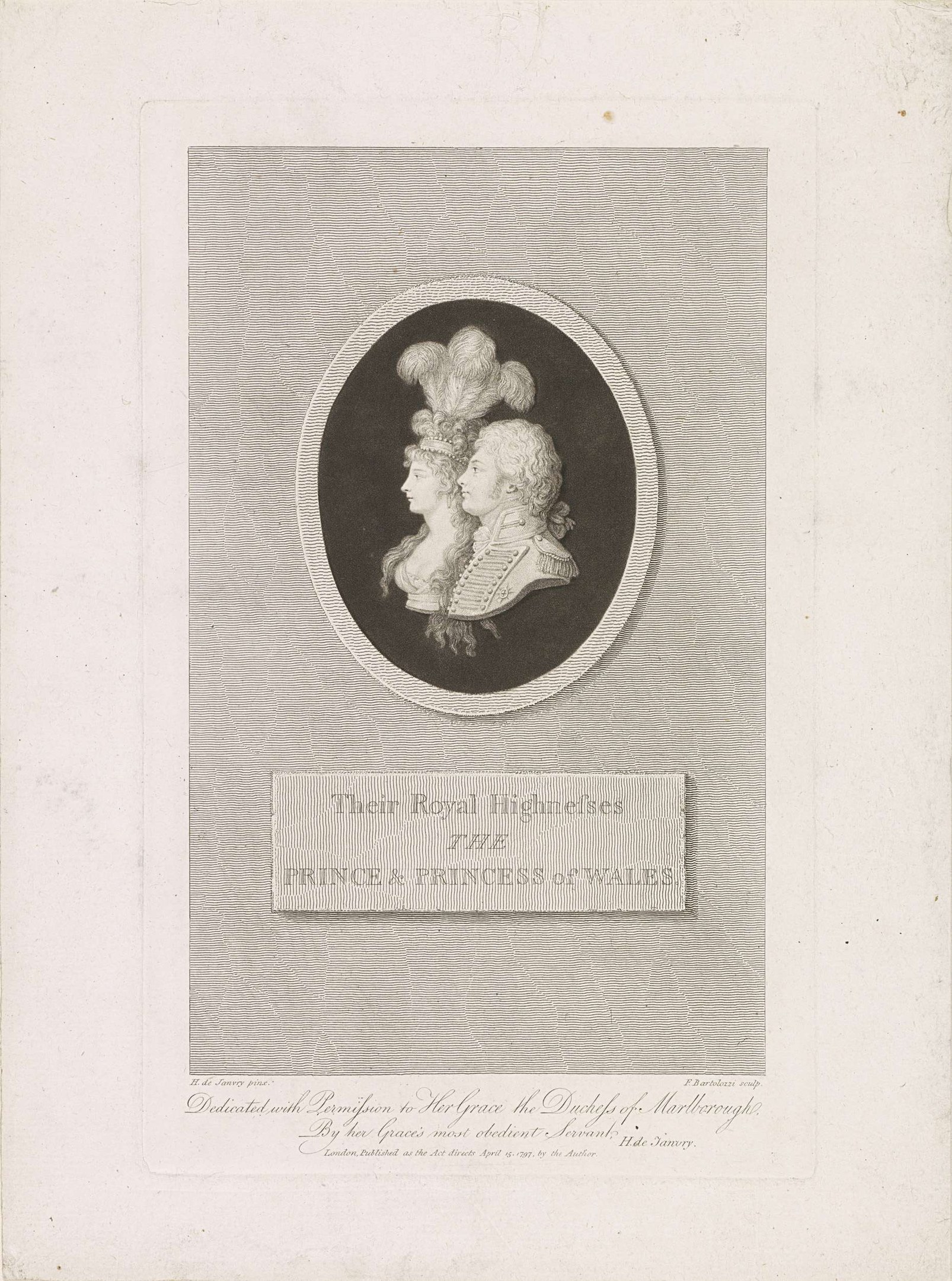 Schwarzes-weißes Bild einer Zeitung mit einem Foto des Prinzen und der Prinzessin von Wales mit Text darunter.