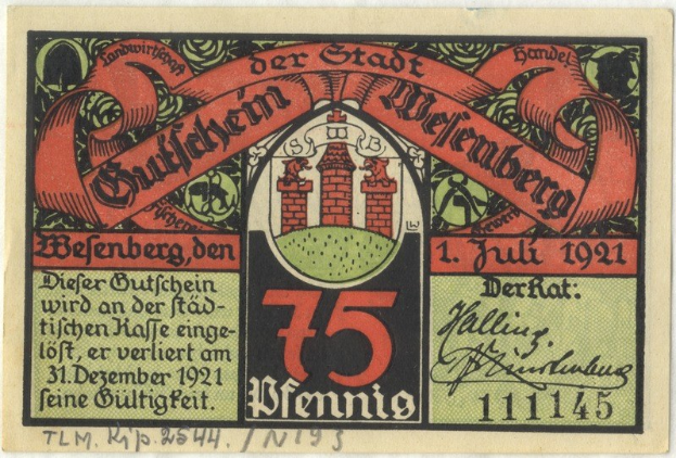 Alte deutsche Banknote mit einem Gebäudeentwurf, mit dem Text "Bundesliga" und einem Logo unten auf einem weißen Hintergrund.
