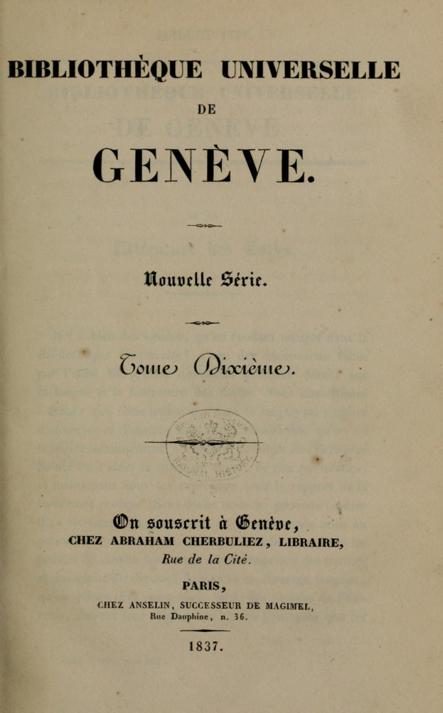 Altes Buch mit dem Titel 'Bibliothèque Universelle de Geneve' offen und zeigt gedruckten Text.