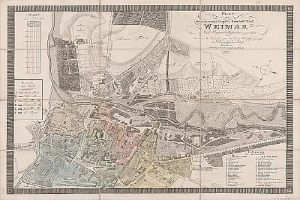 Ein detaillierter alter Stadtplan von Weimar, Deutschland, der Straßen, Gebäude und Sehenswürdigkeiten mit begleitendem Text über die Bevölkerung und bemerkenswerte Merkmale zeigt.
