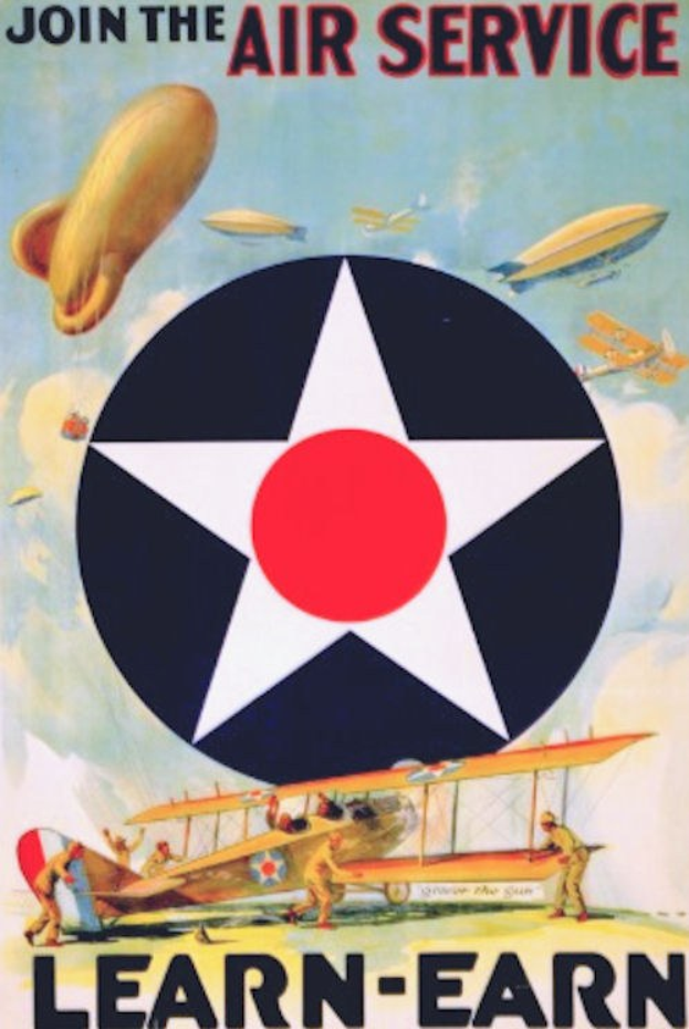 Plakat mit "Tritt der Luftfahrt bei - Lerne-Verdiene" oben, mit Flugzeugen und Menschen im Hintergrund.