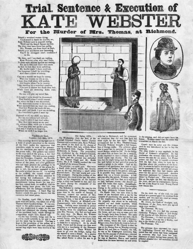Eine Zeitung mit einem Bild einer Frau in einem langen, dunklen Kleid mit hohem Kragen und einem Mann in einem Anzug, der hinter ihr steht, mit Text und Bildern zum Prozess und zur Hinrichtung von Kate Webster.