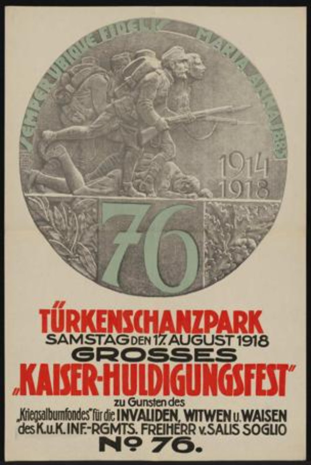 Ein gerahmtes Plakat zum 70. Jahrestag des Kaiser-Huldigungsfestes in Berlin, Deutschland, zeigt eine Gruppe von Menschen in der Mitte umgeben von Text und Zahlen.