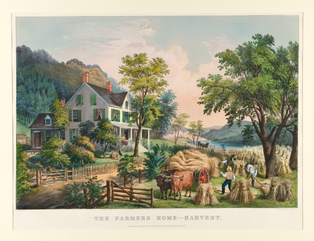 Ein Gemälde, das eine Farmszene mit einem Haus, Bäumen, Pflanzen, Gras, Tieren, einem Wagen, Menschen, einem Zaun, Wasser, Hügeln und einem bewölkten Himmel zeigt, mit der Aufschrift "Die Ernte des Farmers zu Hause" unten.