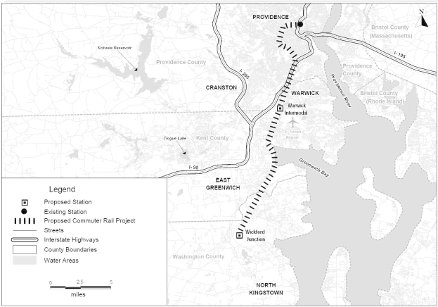 Eine Schwarz-Weiß-Karte einer Stadt mit einem Fluss, beschriftet mit "Vorgeschlagenes Nahverkehrsbahnprojekt" auf der linken Seite, zeigt Straßen, Autobahnen und andere Stadtmerkmale.