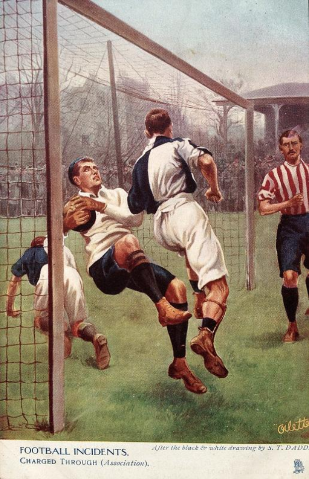 Ein Gemälde von Männern, die auf einem Feld mit einem Netz, Bäumen, einem Gebäude und einem klaren blauen Himmel Fußball spielen, mit dem Text "Football Incidents Charged Through Association" unten.