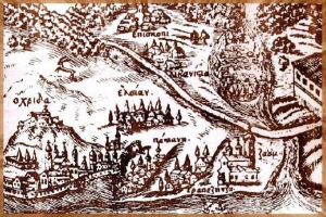 Ein rustikales Holzschild mit einer detaillierten, handgezeichneten Stadtkarte.