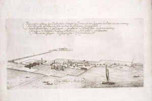 Ein altes Buch mit dem Titel "Plan der Stadt Köln, Deutschland" zeigt eine mittige Illustration des Stadtlayouts, umgeben von Bootdarstellungen auf Wasser.