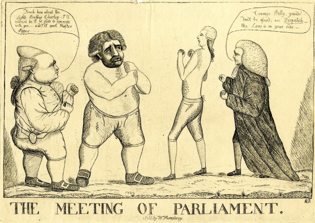 Ein Papierbild mit dem Titel "Die Parlamentssitzung" zeigt drei Menschen, die stehen und diskutieren, wobei einer mit den H├Ąnden gestikuliert.