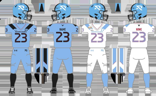 Ein Fußballtrikot in Blau-Weiß mit einem T-Shirt, Shorts und einem Helm, das auf einem weißen Hintergrund mit begleitendem Text dargestellt ist.