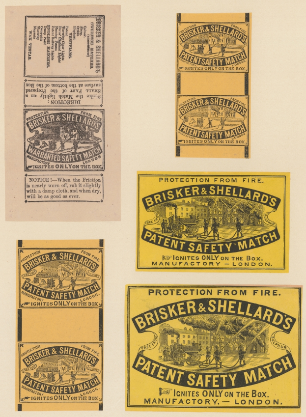 Ein Blatt Papier mit mehreren angehängten Blättern, auf denen jeweils der Text "Brisker & Shellard's Patent Safety Match" steht.
