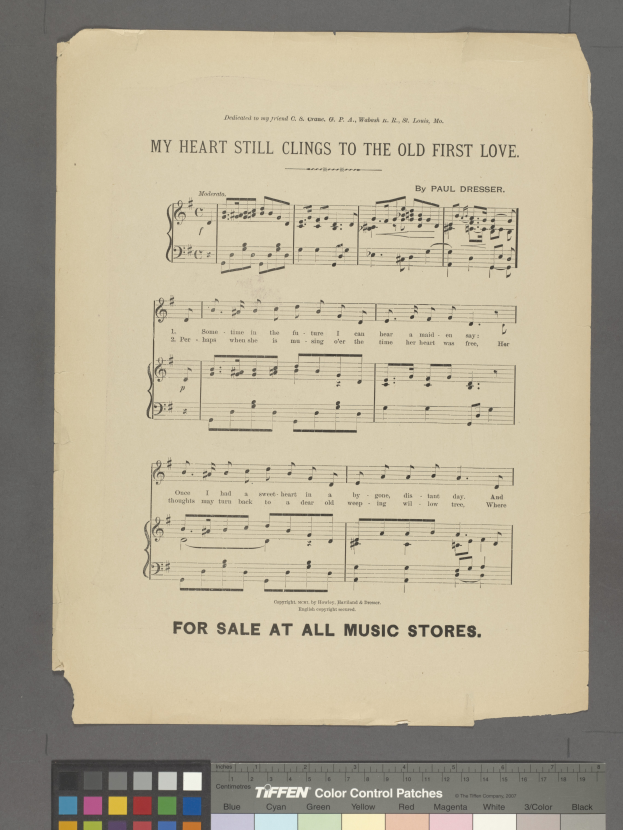Ein Blatt mit dem Text "Mein Herz hängt noch an der alten ersten Liebe" und Musiksymbolen, mit Farboptionen unten.
