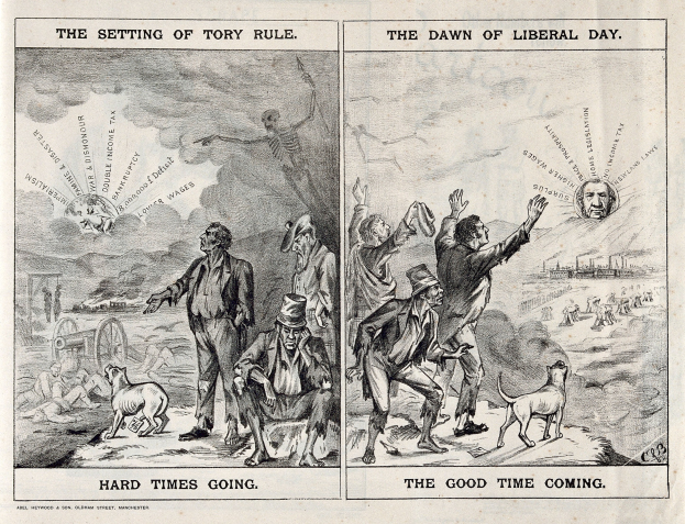 Schwarze und weiße Illustration, die eine Szene mit Menschen, Tieren und Gegenständen zeigt, die den Übergang von Tory-Regelung zu liberaler Regierung darstellen.
