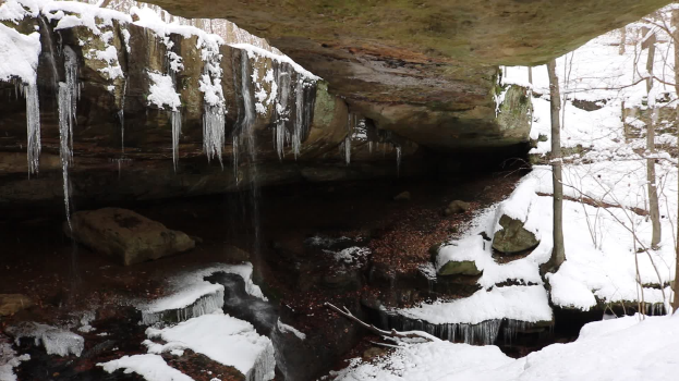 Ein kleiner Wasserfall ergießt sich über einen schneebedeckten, felsigen Abhang in einem bewaldeten Gebiet, mit Eiszapfen an den Felsen und schneebedeckten Bäumen im Hintergrund.