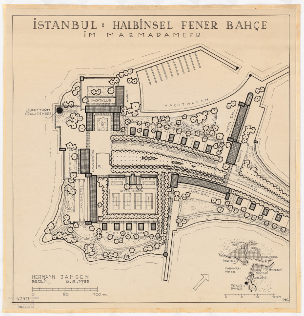 Eine detaillierte Karte von Istanbul, Türkei, insbesondere der Halbinsel Fener Bahçe, mit informativem Text, vor einem weißen Hintergrund.