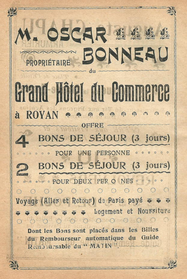Alte Werbung für das Grand Hotel du Commerce in Paris, Frankreich, auf altem Papier mit Text, der die Hotelservices anpreist.
