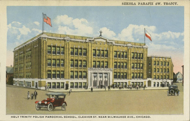 Plakat für die Heilige Dreifaltigkeit Polnische Pfarrschule in Cleveland, Ohio, zeigt ein Gebäude, Menschen, Fahrzeuge, Flaggen und Text.