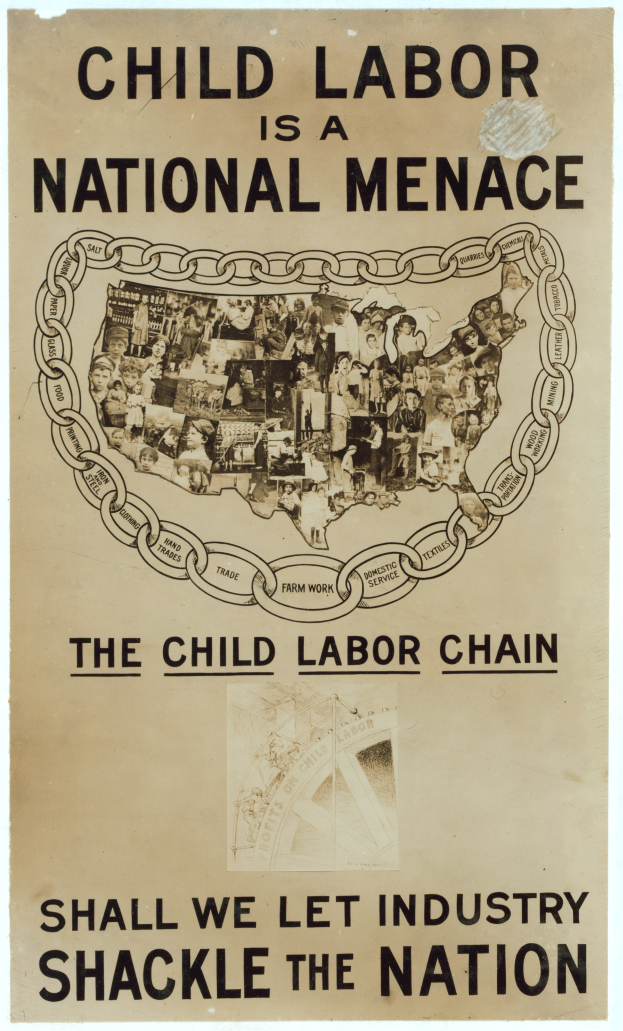 Ein Plakat mit fettem schwarzem Text auf einem weißen Hintergrund lautet "Kinderaertz ist eine nationale Geißel - Sollen wir die Industrie das Land fesseln lassen", zeigt eine vielseitige Gruppe von Menschen, die gemeinsam stehen.