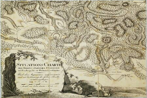 Alte Karte von London, England, mit Textdetails zu Standorten, überlagert mit einer Grafik der Route zwischen Dresden und Freiburg, auf Papier gedruckt.