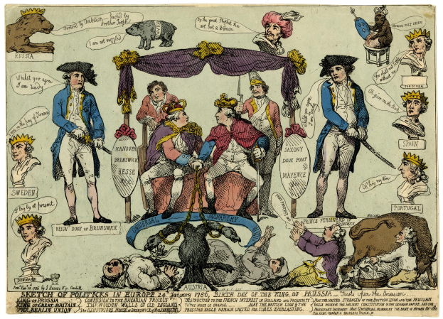 Eine Karikatur, die eine Gruppe von Menschen in verschiedenenfarbigen Kleidern zeigt, einige sitzen und einige liegen auf dem Boden, mit Tieren und Gegenständen im Hintergrund, betitelt mit 'Sketch of Politics in Europe'.