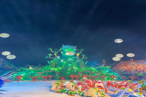 Ein lebendiger Karneval in Rio de Janeiro, Brasilien, mit Performern in farbenfrohen Kostümen auf der Bühne, einer großen Menge im Publikum und einem Himmel voller bunter Lichter und Ballons.