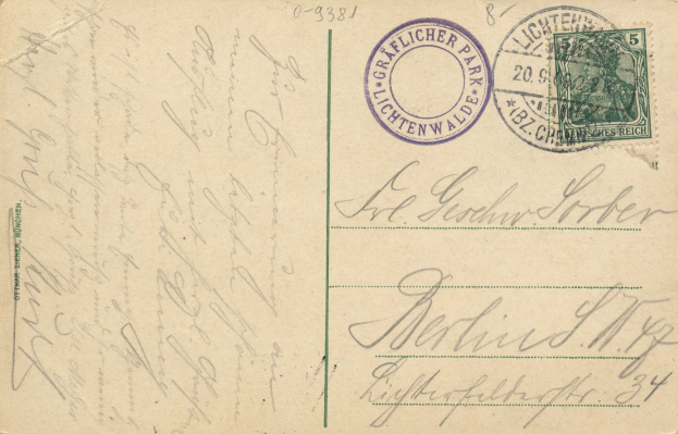 Alte Postkarte mit einer Briefmarke, die "Lichtenwald, Deutschland - Einschreiben nach Deutschland" lautet, mit handgeschriebenem Text und zwei zusätzlichen Briefmarken in der oberen rechten Ecke.