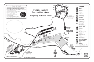 Detailierte Karte des Twin Lakes Recreation Area mit Wanderwegen, Sehenswürdigkeiten und Pfaden mit Textbeschriftungen.