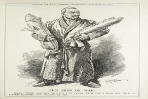 Ein altes Buch mit einer Zeichnung eines Mannes, der eine Rakete hält, mit der Inschrift "Die Kriegsgeister" auf der Seite.