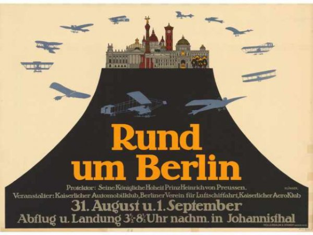 Ein Plakat, das eine Berliner Luftschau bewirbt, mit dem Text 'Rund um Berlin', einem Gebäude im Hintergrund und mehreren Flugzeugen am Himmel.