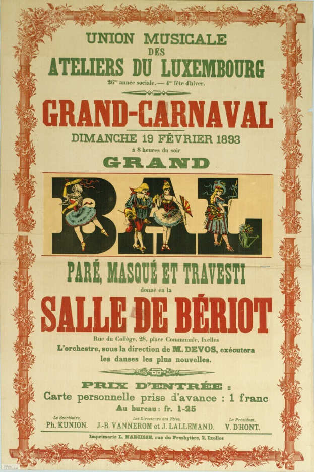Ein Vintage-Plakat, das ein Pariser Karnevalfest ankündigt, zeigt eine Gruppe von Menschen in traditioneller Kleidung, die fröhlich sind und sich amüsieren, vor einem hellgelben Hintergrund, mit einer Banneraufschrift "Großes Karnevalsfest" oben.
