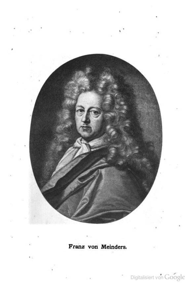 Schwarz-weiß-Porträt von Franz von Meinders, einem deutschen Komponisten mit langen Locken, begleitet von deutschem Text unten.